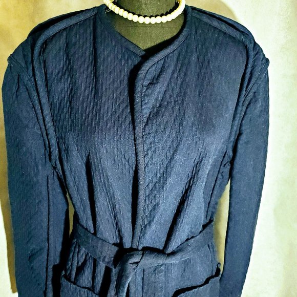 Rag & Bone Quilted Rope Accent Navy Blue Cotton Wrap Long Sleeved Coat - Picture 10 of 16